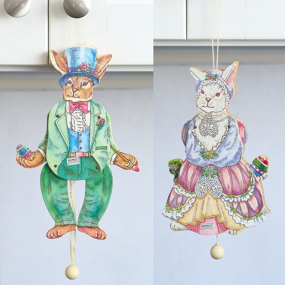 2 EASTER BUNNY Lady Gent Pull String Wooden Ornament 2 Sided Toy Midwest Imports - Picture 1 of 7